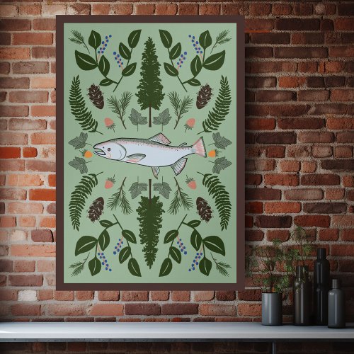 Salmon PNW Nature Fir Ferns Berries Forest Forage Poster