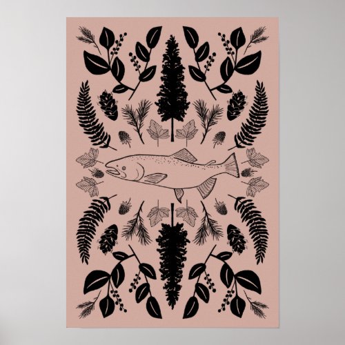 Salmon PNW Nature Fir Ferns Berries Forest Forage  Poster