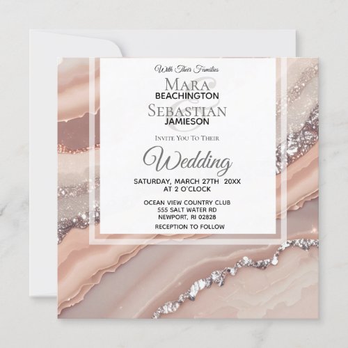  Salmon QR Peach SILVER AGATE RSVP AR66 Wedding Invitation