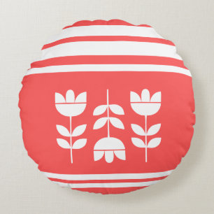 Salmon red and white 3 flowers round pillow