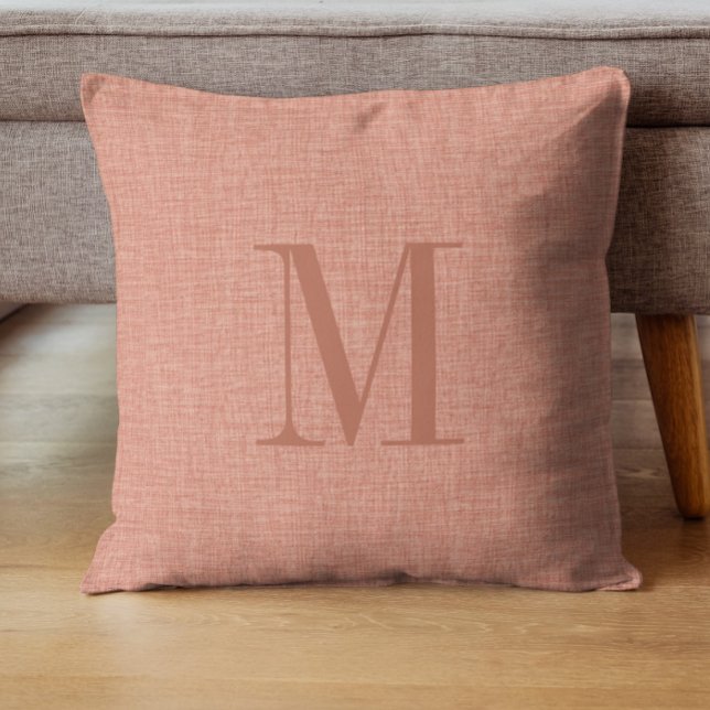 Salmon red linen texture monogram throw pillow (Creator Uploaded)