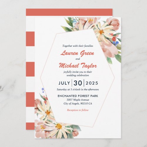 Salmon Red Yellow Wildflower Spring Floral Wedding Invitation