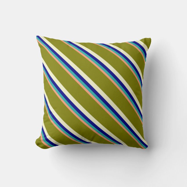 Salmon, Sea Green, Blue, Light Yellow & Green Throw Pillow (Front)