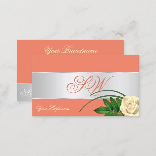 Salmon Silver Decor Cute Rose Flower with Monogram Business Card