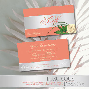 Salmon Silver Decor Cute Rose Flower with Monogram Business Card