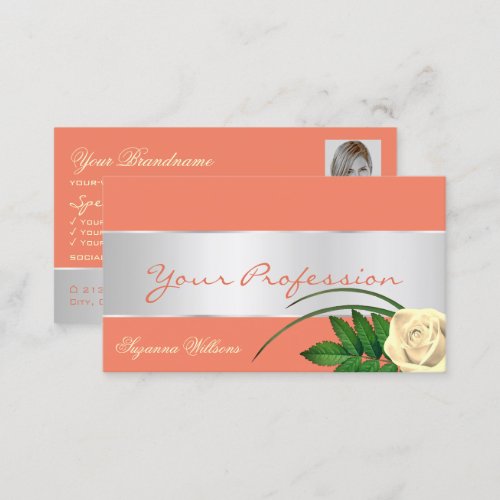 Salmon Silver Decor Cute Rose Flower with Photo Business Card