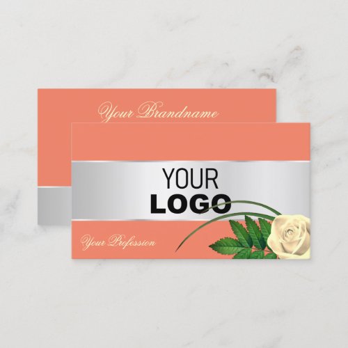 Salmon Silver Decor Gorgeous Rose Flower with Logo Business Card