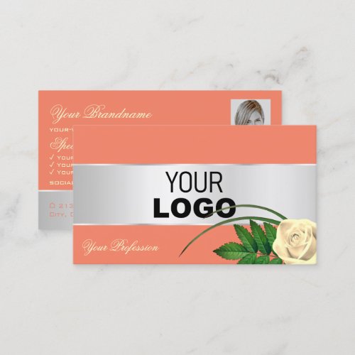 Salmon Silver Decor Rose Flower add Logo and Photo Business Card