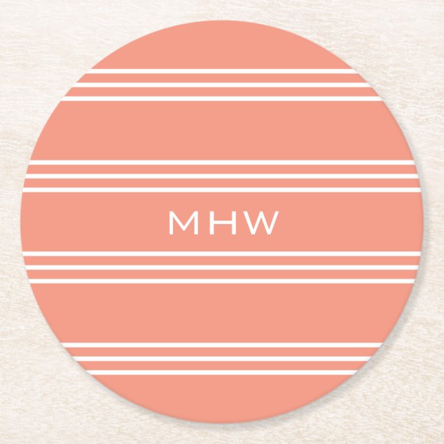 Salmon Stripes custom monogram paper coasters (Front)