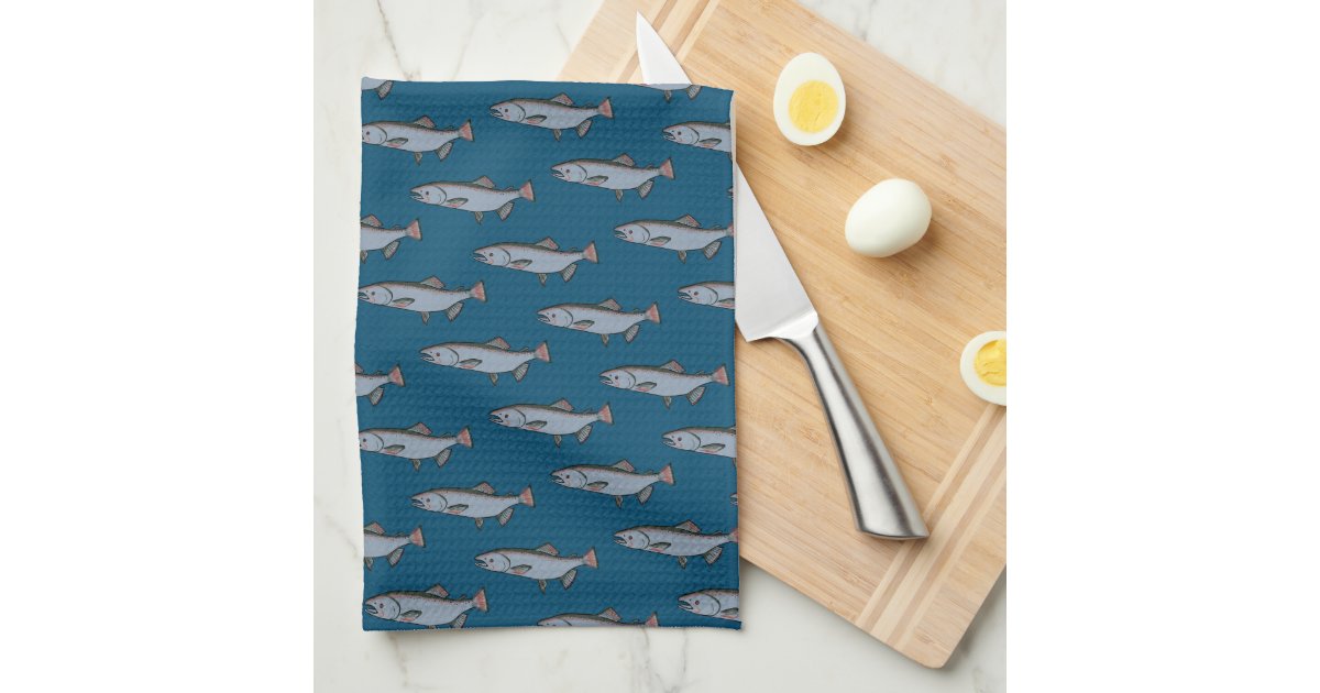 Salmon Swimming Pattern PNW Fishing Fish Kitchen Towel