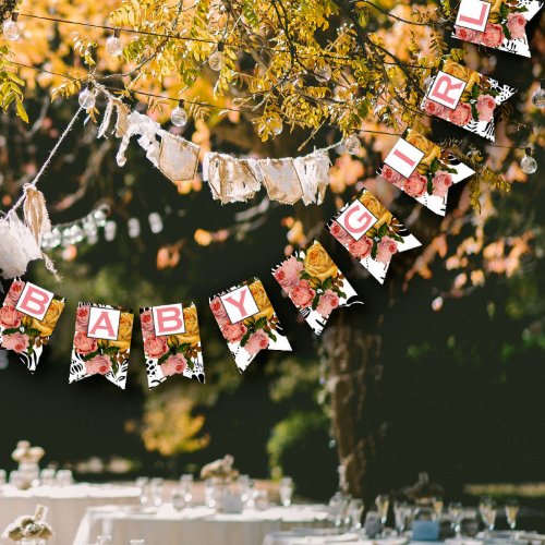 Salmon Text Heirloom Rose Floral Patten Baby Girl Bunting Flags