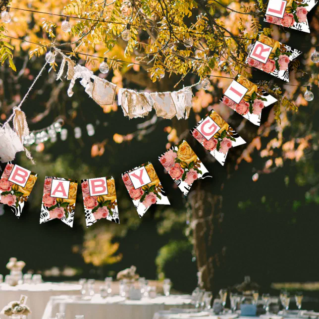 Salmon Text Heirloom Rose Floral Patten Baby Girl Bunting Flags Zazzle