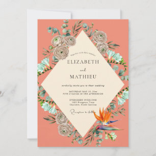 Salmon Turquoise Tropical Eucalyptus Wedding Invitation