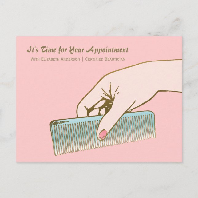 Salon Appointment Reminder Pink Gold Vintage Comb Postcard (Front)