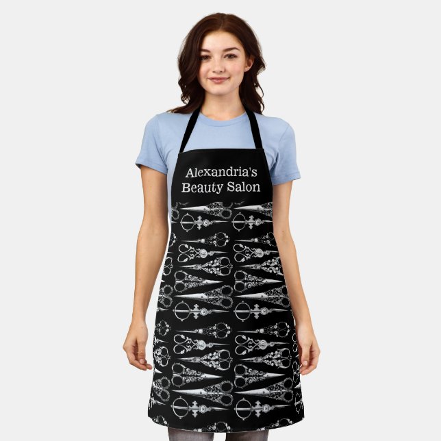 Salon Apron Black Scissors Custom Salon Name (Worn)