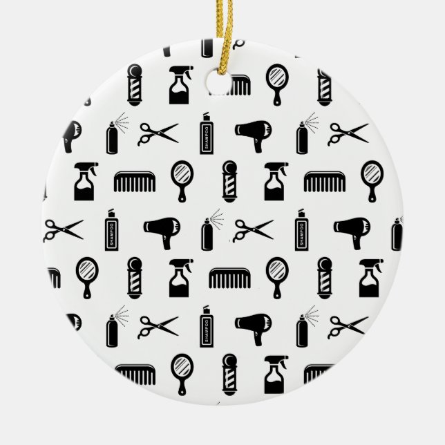 Salon & Barber Hairdresser Pattern CUSTOM BG COLOR Ceramic Ornament (Front)