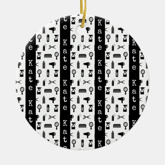 Salon & Barber Hairdresser Pattern CUSTOM NAME Ceramic Ornament (Front)