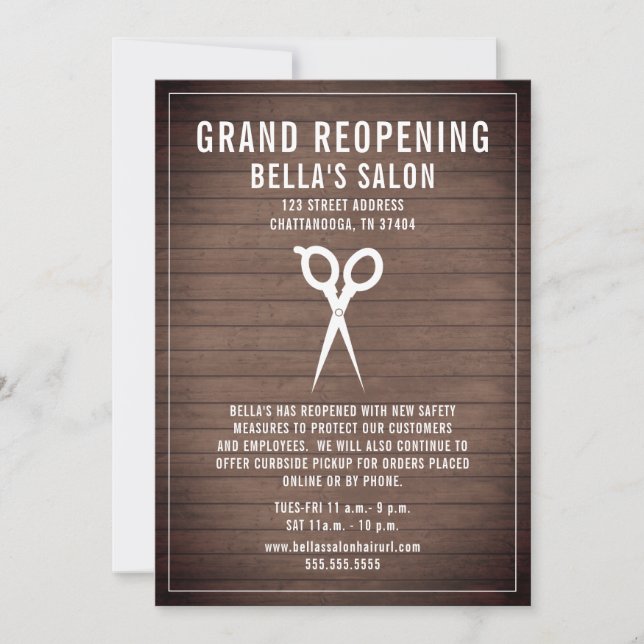 Salon Barber Reopening Wood Shears Invitation (Front)