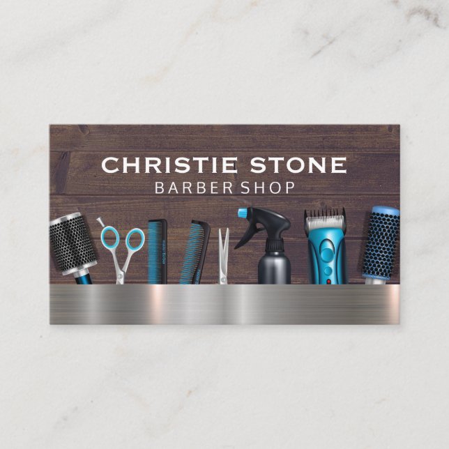 Salon Barber Tools | Metal Wood Business Card (Front)