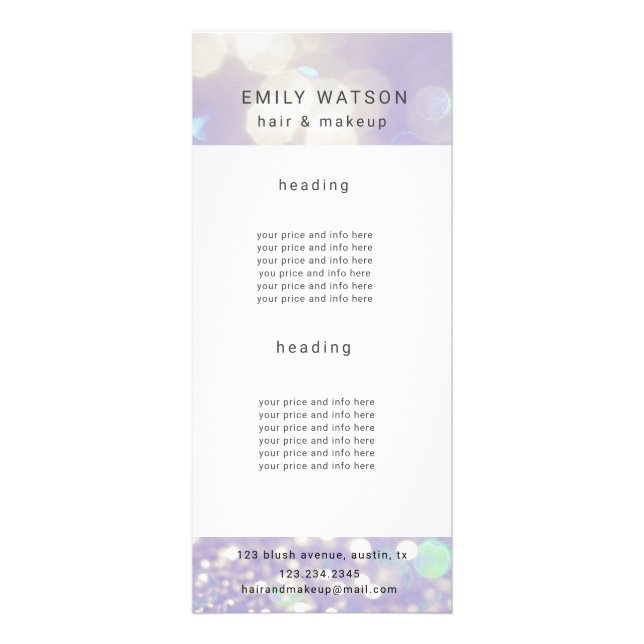 salon bokeh pastel sparkle price list rack card (Front)
