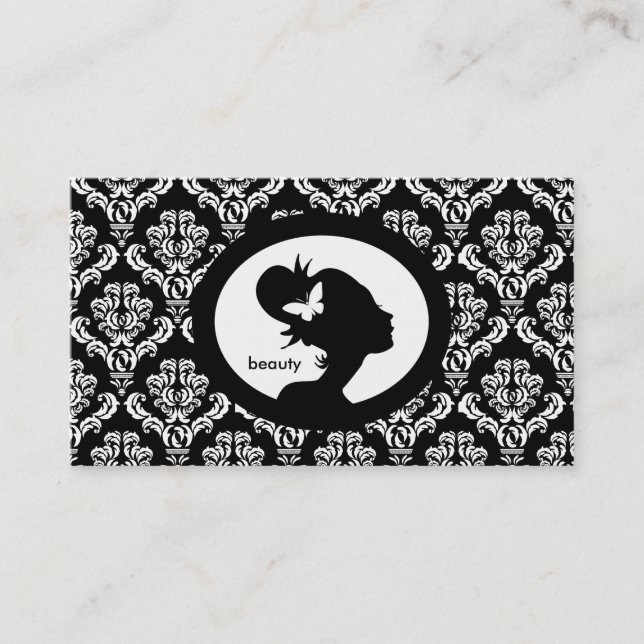 Salon Business Card Butterfly Woman Silhouette BW (Front)