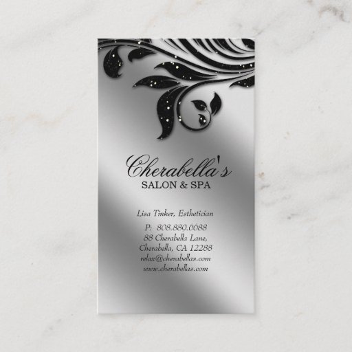Customizable Salon Business Card Elegant Black Silver Sparkle