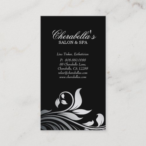 Salon Business Card Elegant Floral Silver Black