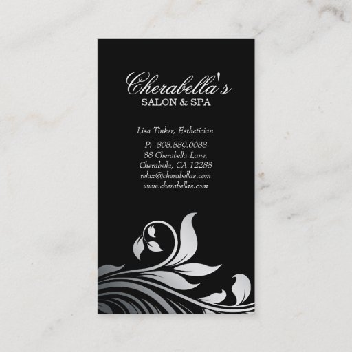 Customizable Salon Business Card Elegant Floral Silver Black