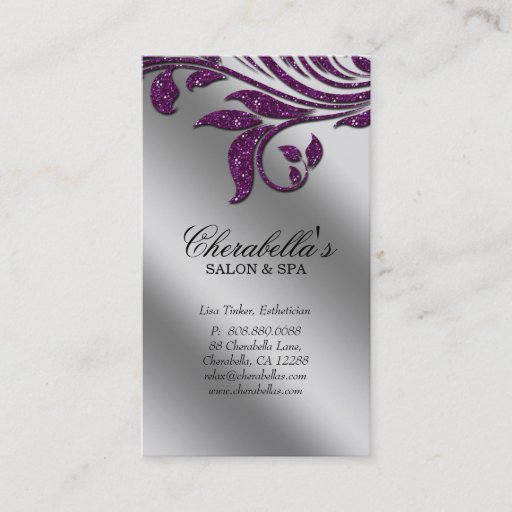 Customizable Salon Business Card Elegant Purple Silver Sparkle