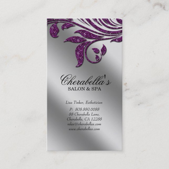 Salon Business Card Elegant Purple Silver Sparkle (Front)