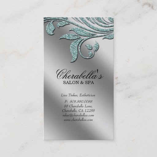 Customizable Salon Business Card Elegant Teal Silver Sparkle Le