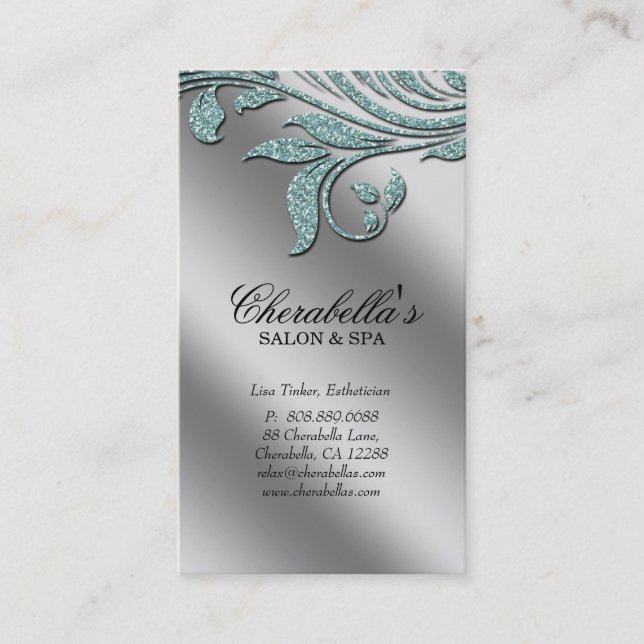 Salon Business Card Elegant Teal Silver Sparkle Le (Front)