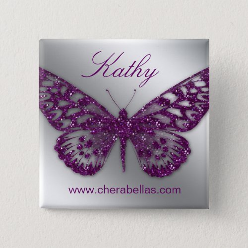 Salon Butterfly Name Tag Button Silver Purple