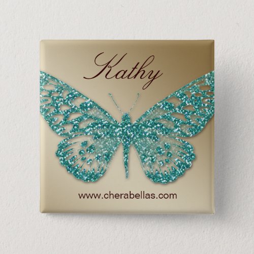 Salon Butterfly Name Tag Button Teal Gold