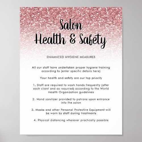 Salon Covid Health Safety Poster Rose Gold Glitter