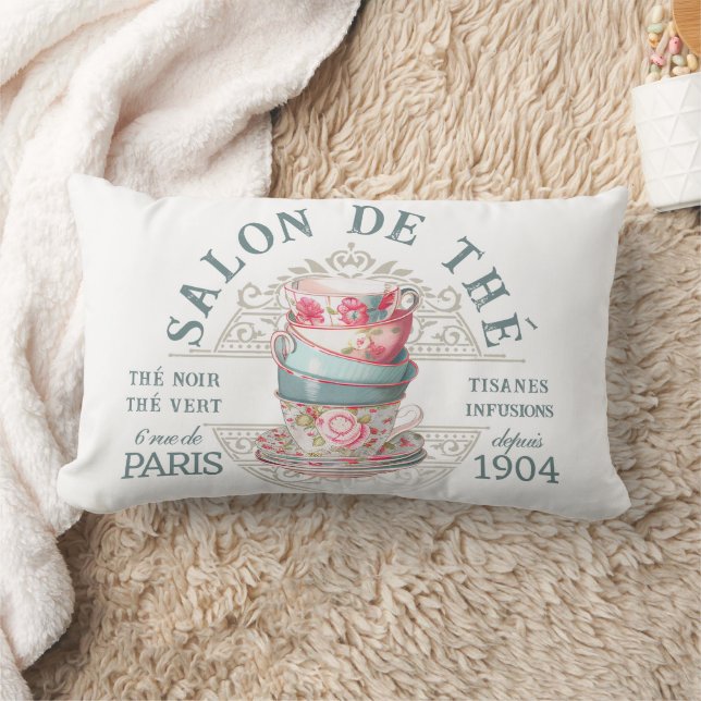 Salon de Thé Tearoom French Pink Teal Teacup Tea Lumbar Pillow (Blanket)