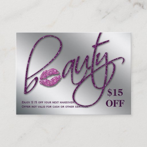 Customizable Salon Discount Card Beauty Lips Sparkle Purple Business Card Template