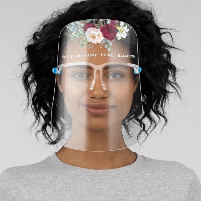 Salon Elegant Watercolor Burgundy Floral Greenery Face Shield (Insitu)