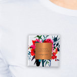 Salon employee copper metallic watercolor bouquet button<br><div class="desc">Luxurious classy and glamorous professional pin button featuring a watercolor red, pink and blush peonies boho bouquet with navy blue and purple feathers for makeup artist | hairstylist | fashion stylist | beauty salon | boutique | sales consultant | interior design studio employee with a shiny beige tan copper metallic...</div>
