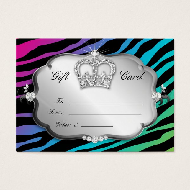 Salon Gift Card Bold Zebra Rainbow Pink Crown (Front)