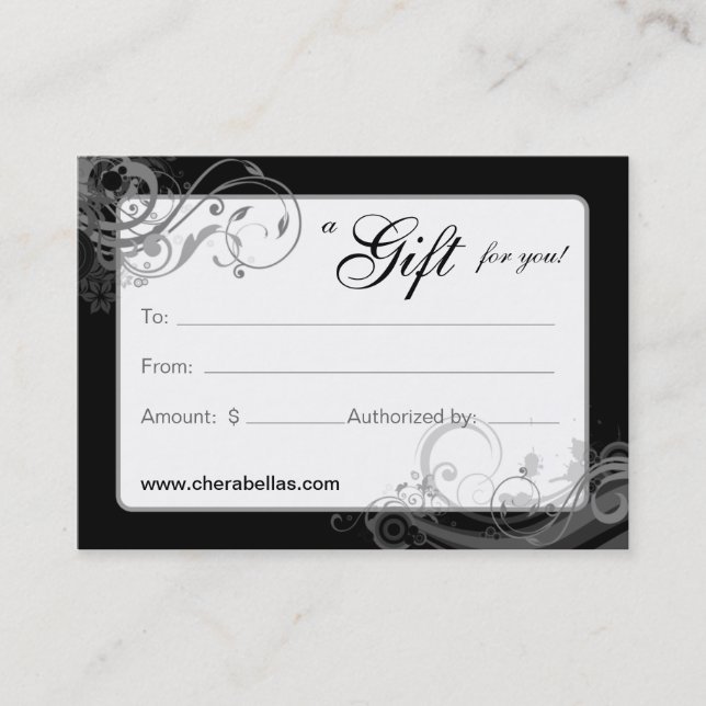 Salon Gift Card Spa Floral Swirls Black White (Front)