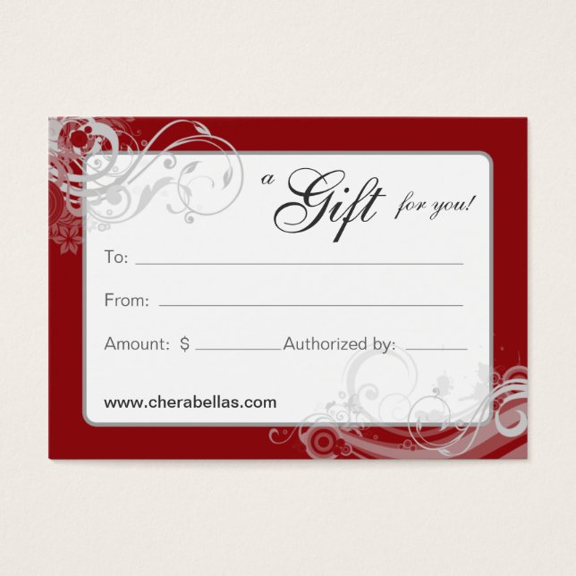 Salon Gift Card Spa Floral Swirls Red White (Front)