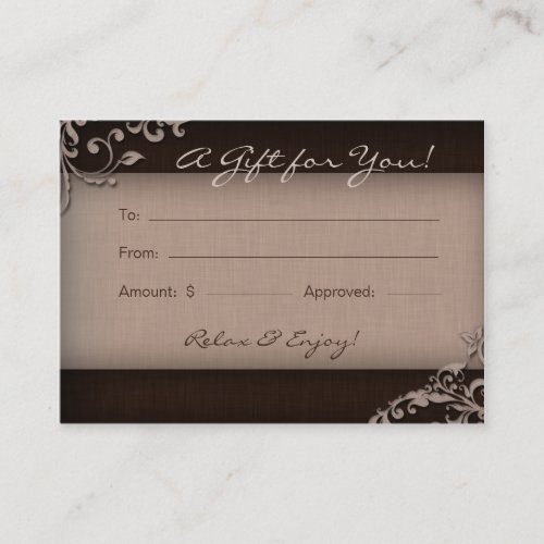Salon Gift Card Spa Linen Floral Brown Beige Business Card Template