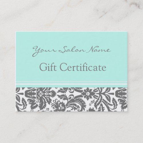 Salon Gift Certificate Aqua Grey Damask Business Card Template