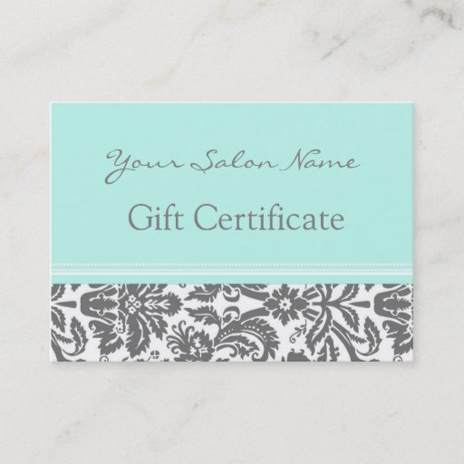 Customizable Salon Gift Certificate Aqua Grey Damask Business Card Template