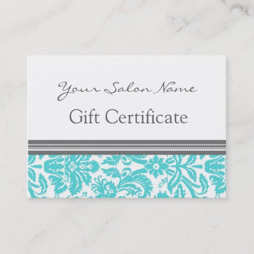 Salon Gift Certificate Aqua Grey Damask Business Cards