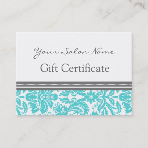 Customizable Salon Gift Certificate Aqua Grey Damask Business Cards