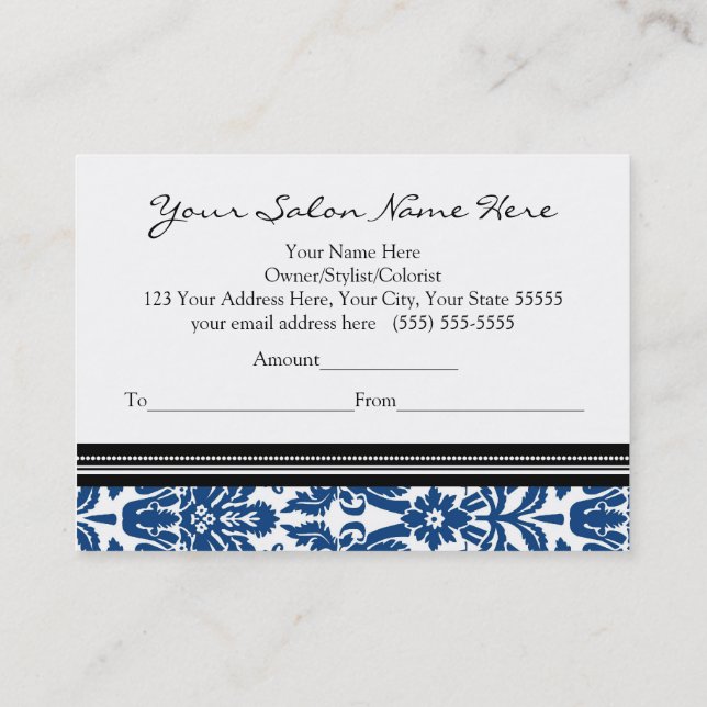 Salon Gift Certificate Blue Black Damask (Back)