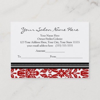 Salon Gift Certificate Red Black Damask by DreamingMindCards at Zazzle