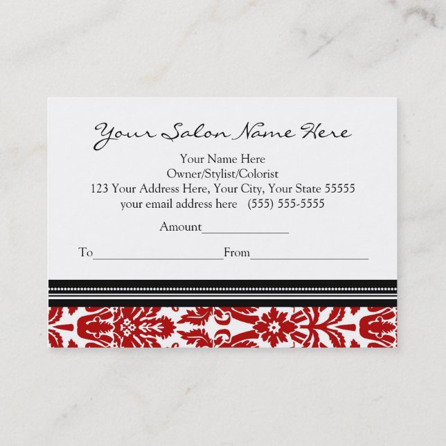 Salon Gift Certificate Red Black Damask (Back)